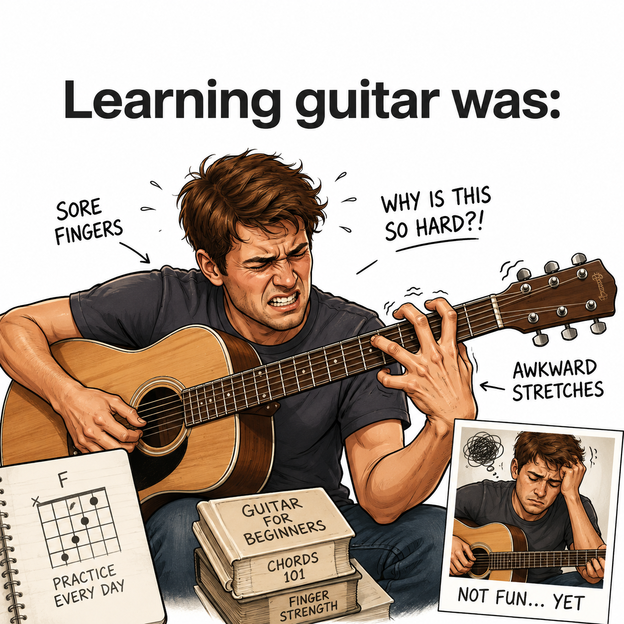 Learning guitar was: a stressed beginner struggling with difficult finger stretches on a guitar.