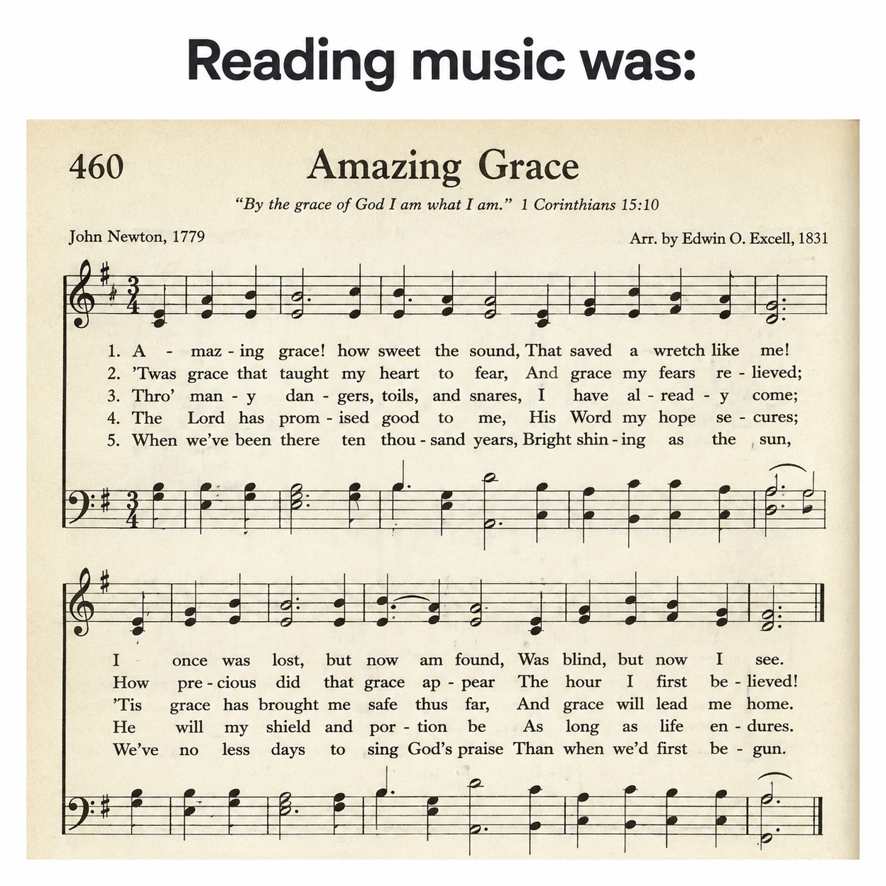 Reading music was: an old-fashioned Amazing Grace hymn page in a drab church-hymnal style.