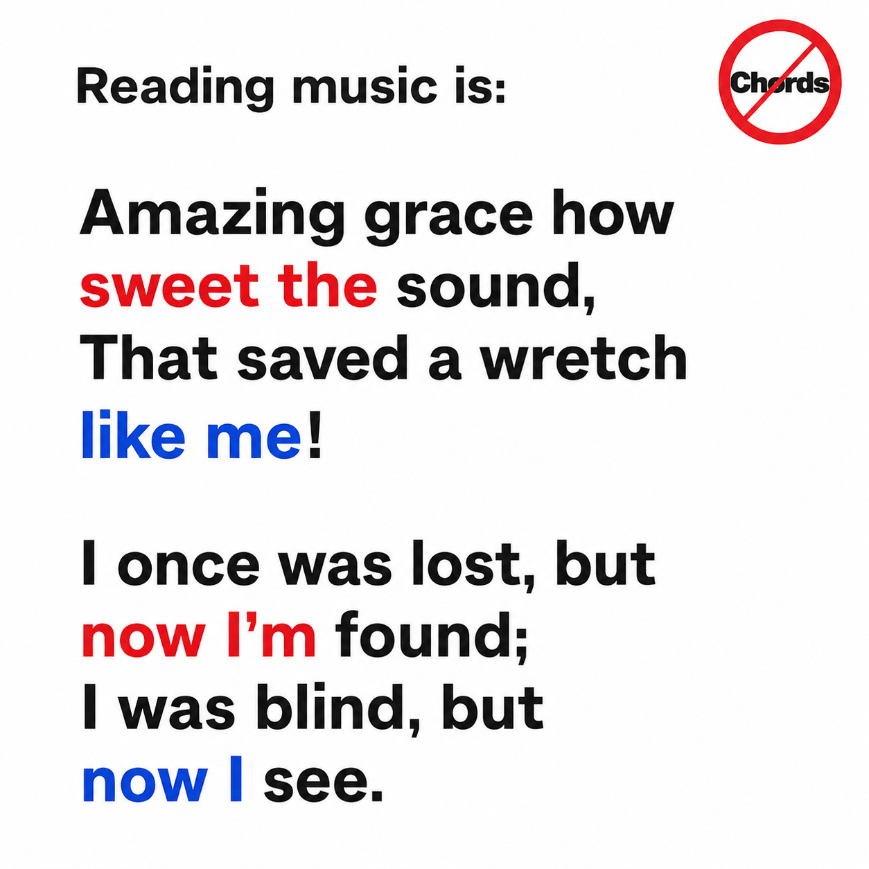 Reading music is: Amazing Grace presented in simplified NoChords notation.