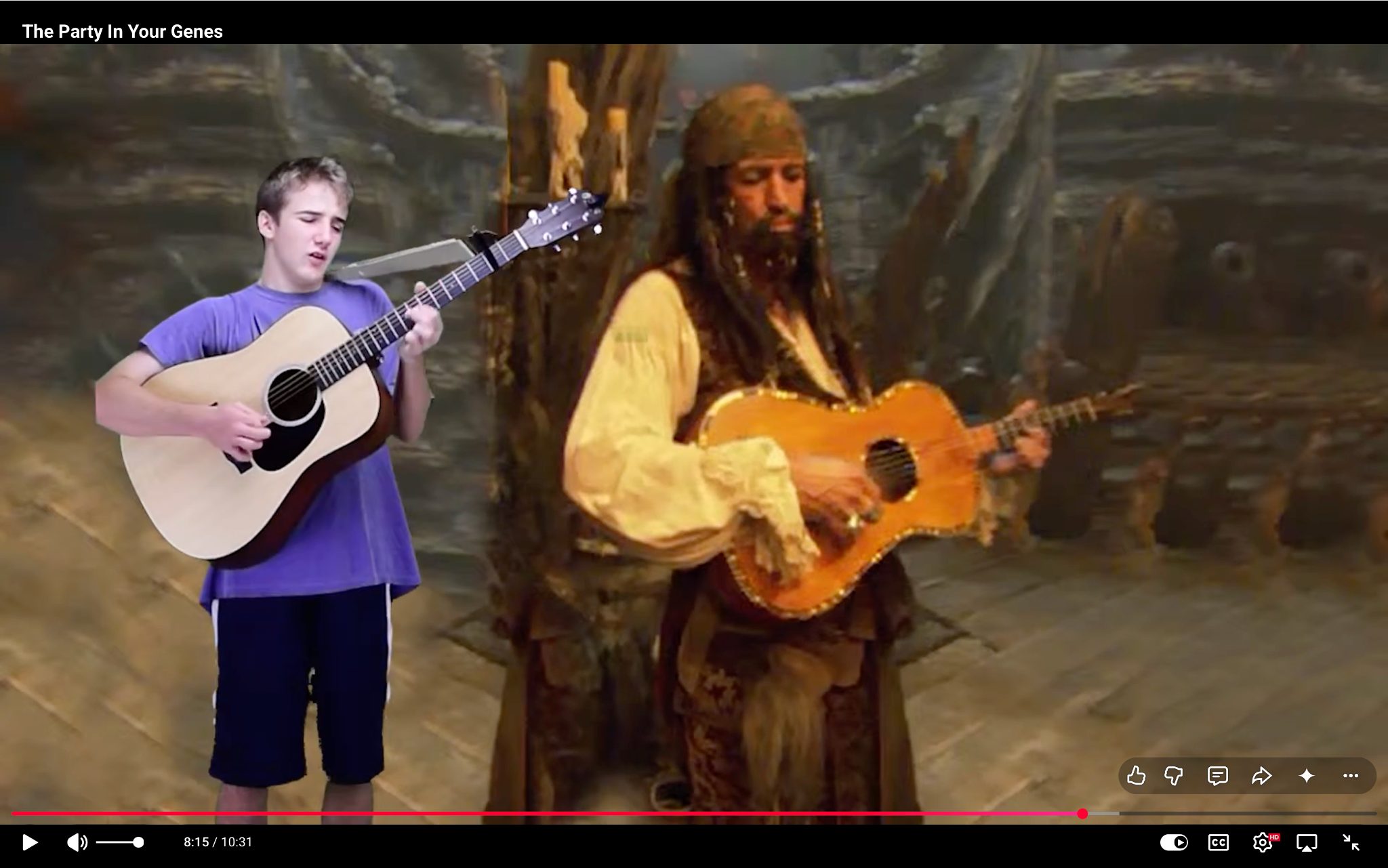 2015 video screen cap showing Will with a guitar composited beside Keith in a pirate scene.