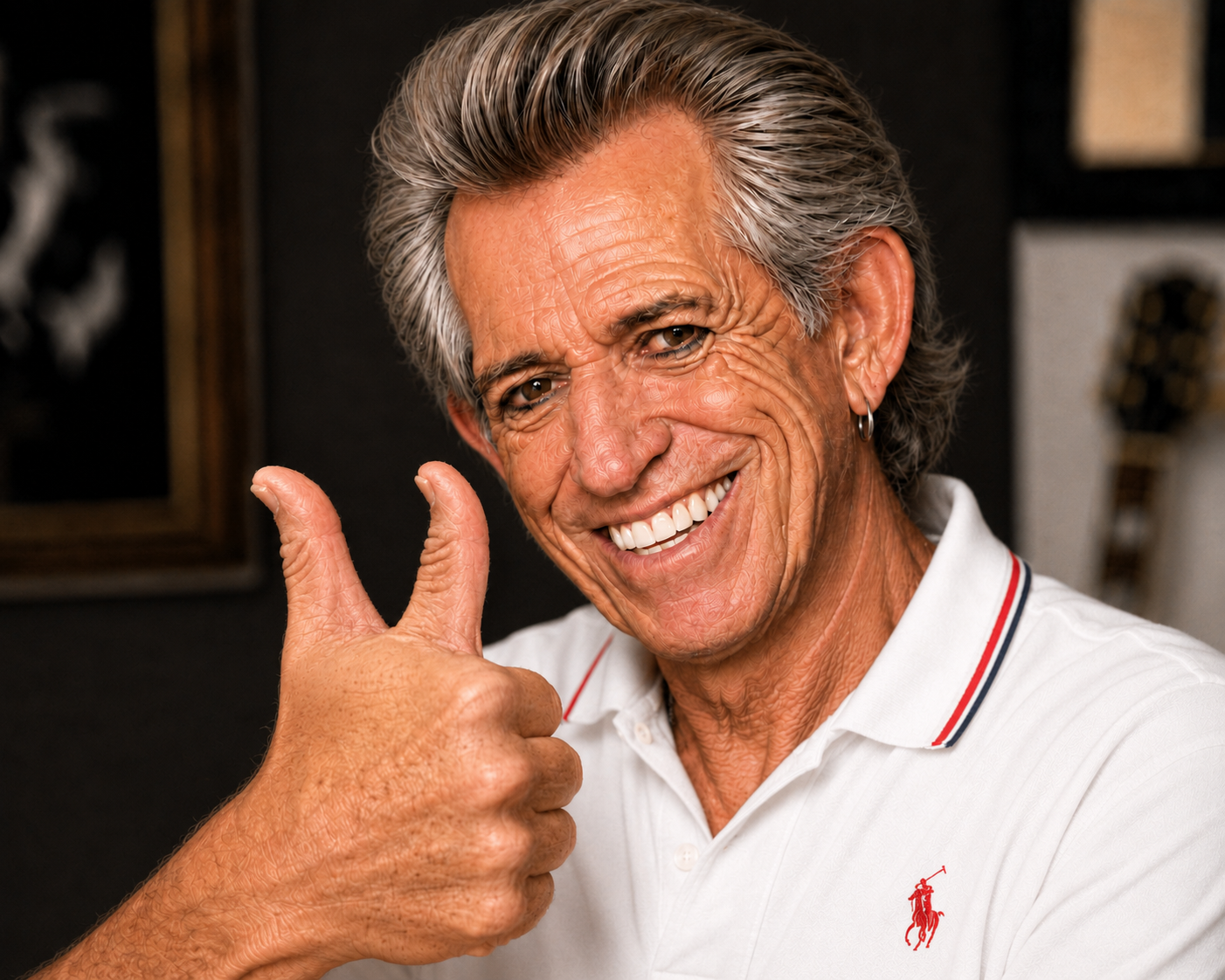 Absurd AI image of a clean-cut Keith Richards lookalike with one hand showing two thumbs up.